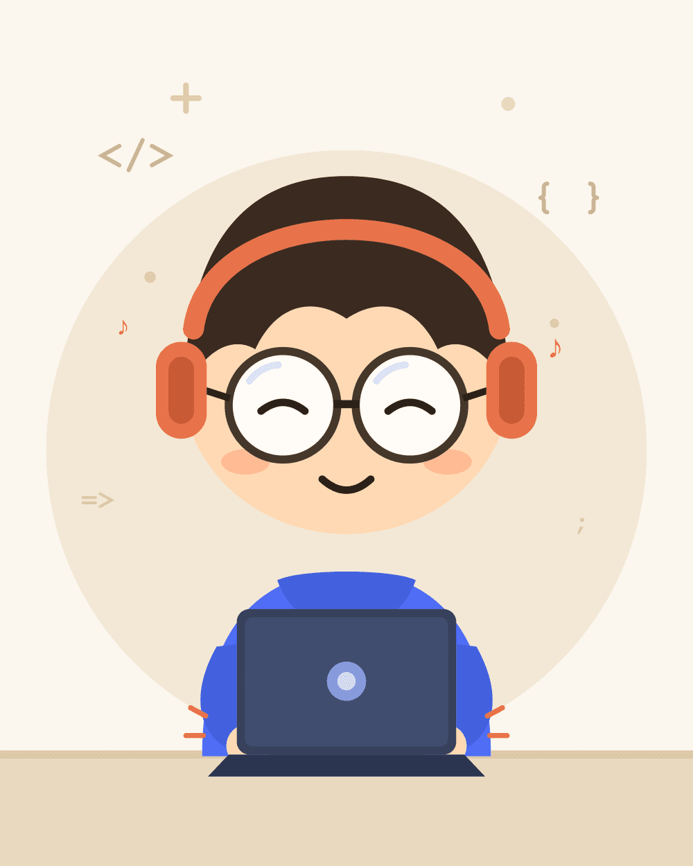 Illustrated avatar: a developer in a blue hoodie and orange headphones typing at a laptop, on a cream background scattered with code punctuation.