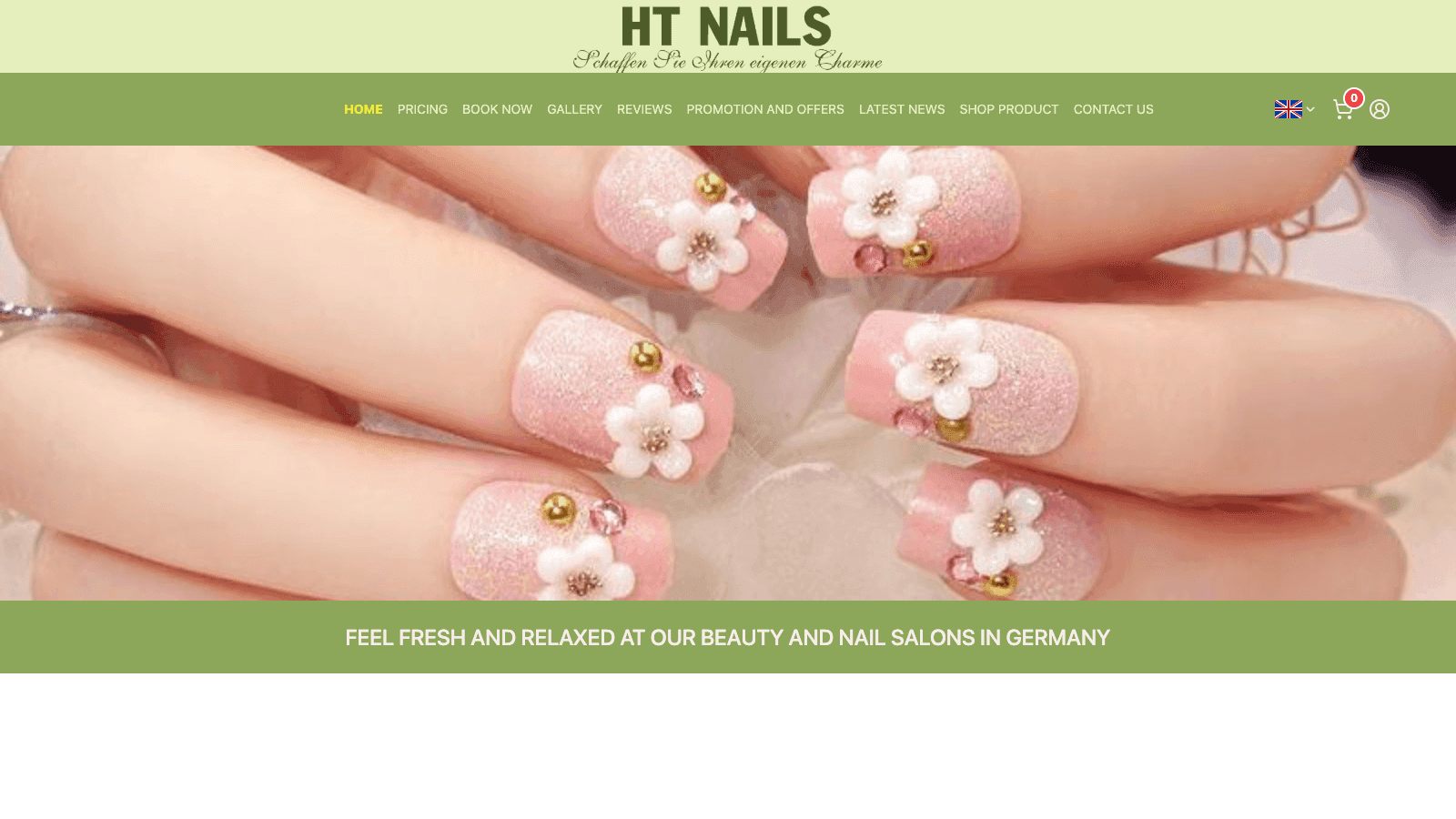 Salon storefront page with a full-width manicure photo under an olive navigation bar and a booking-oriented menu.